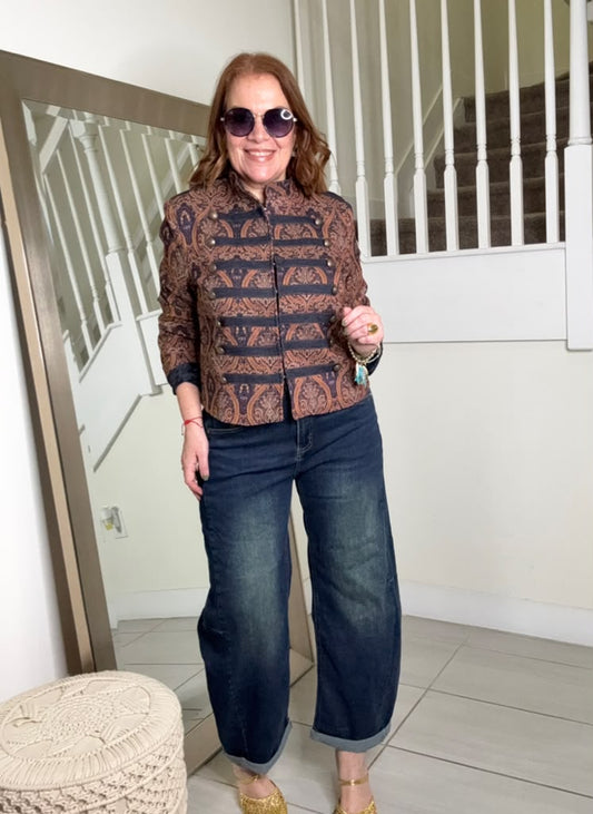 Lucrecia Paisley Denim Military Jacket | Kapel Boutique