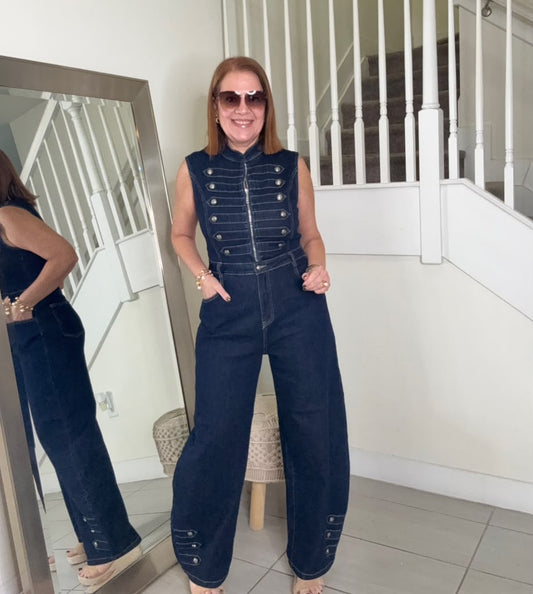Filomena Jumpsuit – Stretch Denim Military Style Jumpsuit