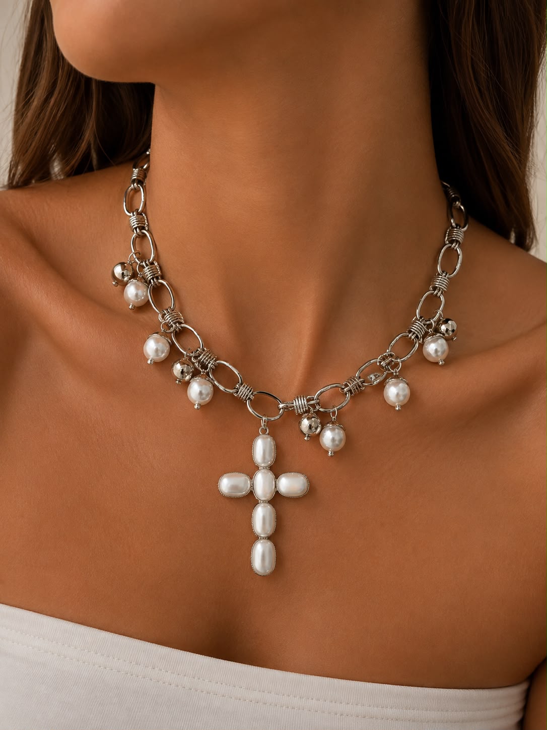 Mia Necklace - Silver Chain Pearl Cross | Kapel Boutique