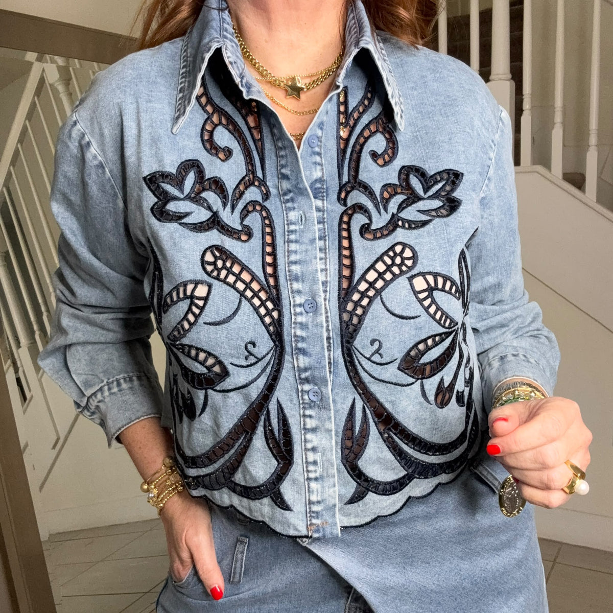 Rosario Shirt – Embroidered Cut-Out Denim Top | Kapel Boutique