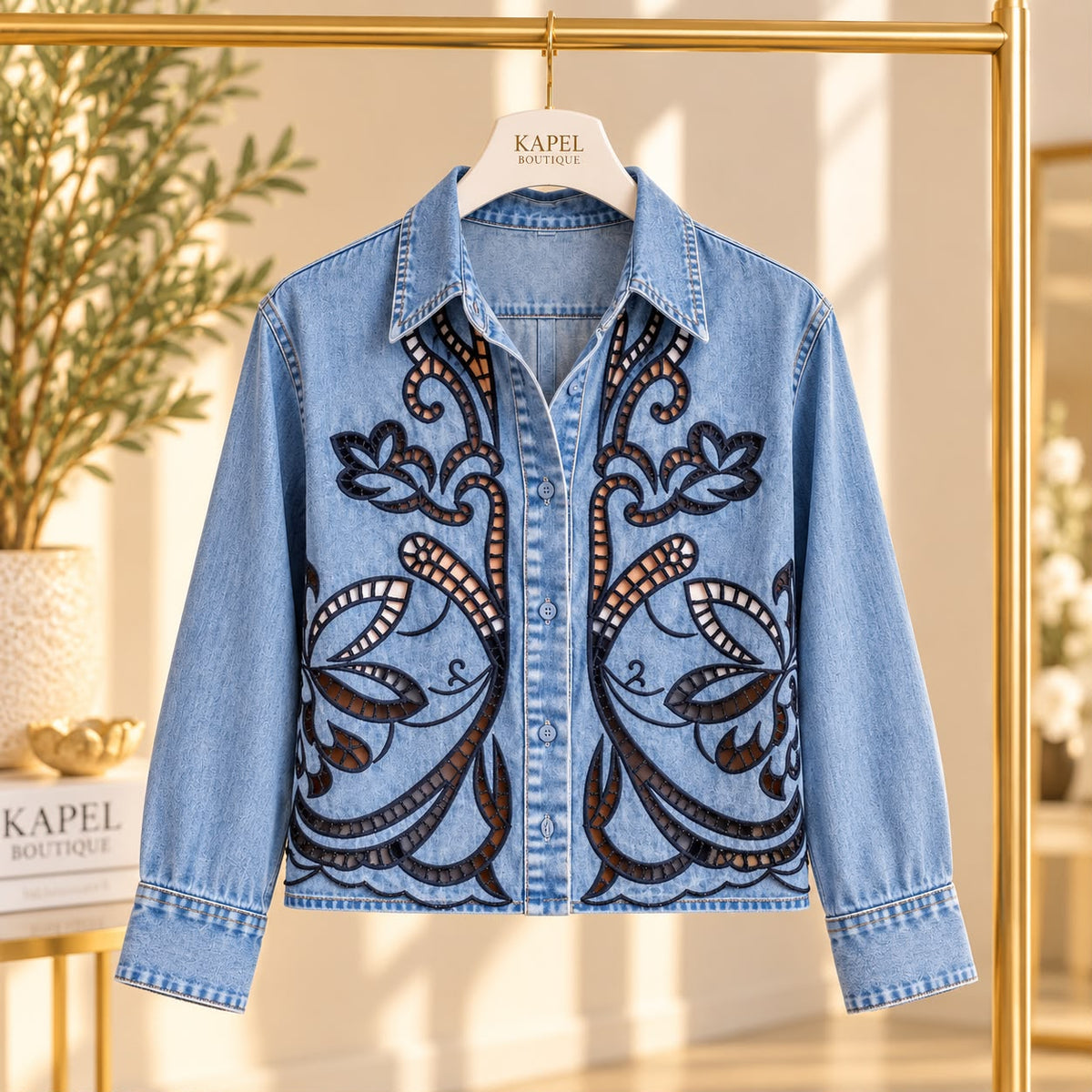 Rosario Shirt – Embroidered Cut-Out Denim Top | Kapel Boutique
